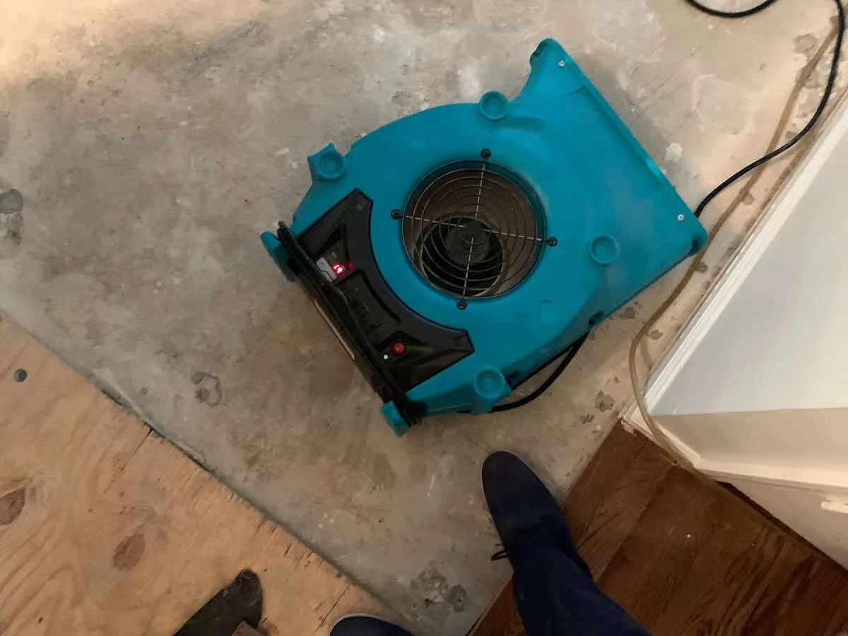 Air mover drying subfloor during Commercial Water Damage Restoration in London